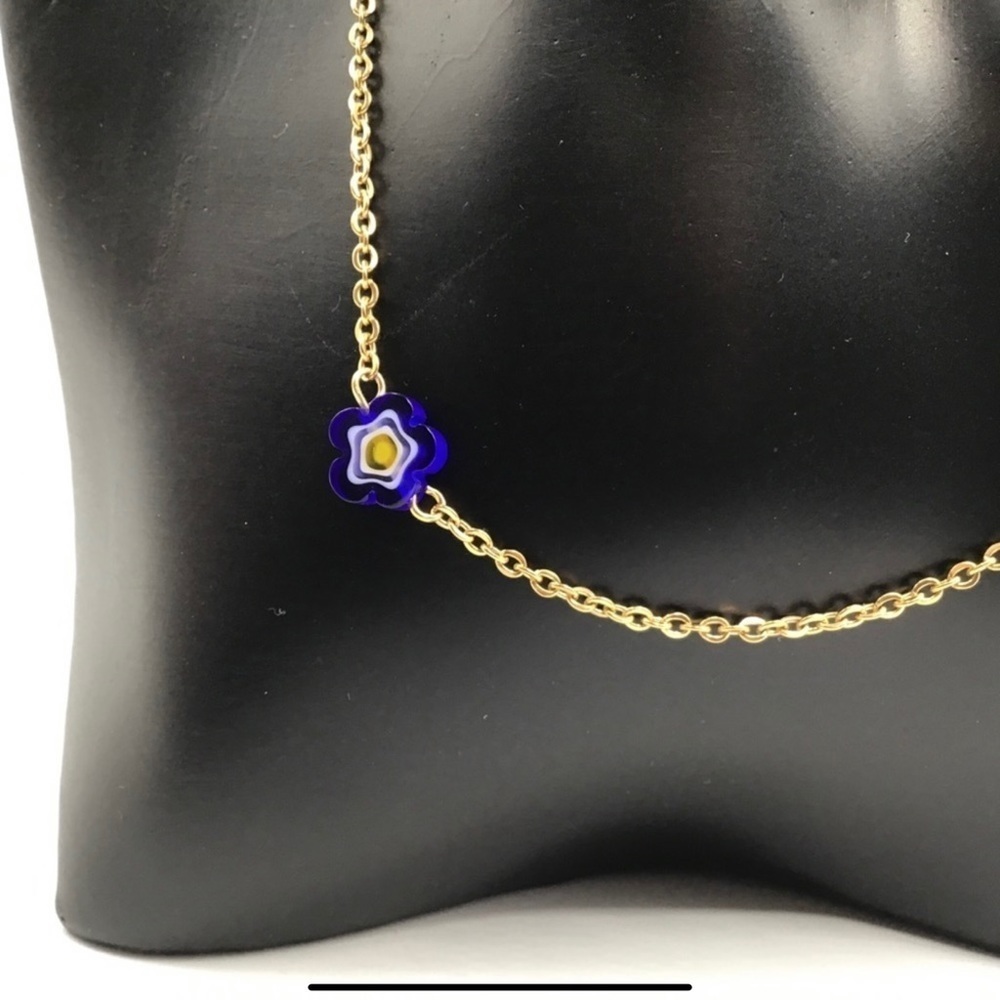 Necklace Y2k Flower Millefiori Bead Glass Daisy Chain Side Pendant Gold Tone 10”